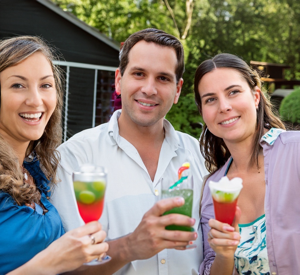 Firefly a family smiling to the camera in a back yard party holding frozen drinks 15062